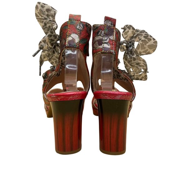 Laura Vita Women’s Red Floral Pattern Leather Open Toe Bow Accent Heels Size 10 - Picture 7 of 11